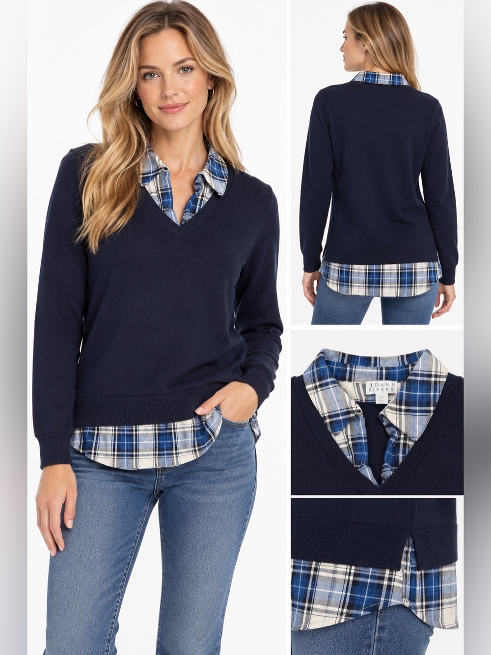 Joan Rivers Navy Plaid Layered Look Sweater Shirt Small excellent like new